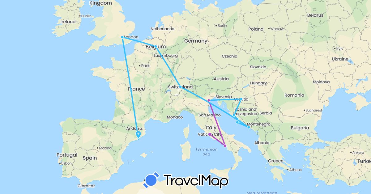 TravelMap itinerary: driving, train, boat in Belgium, Switzerland, Spain, United Kingdom, Croatia, Italy (Europe)